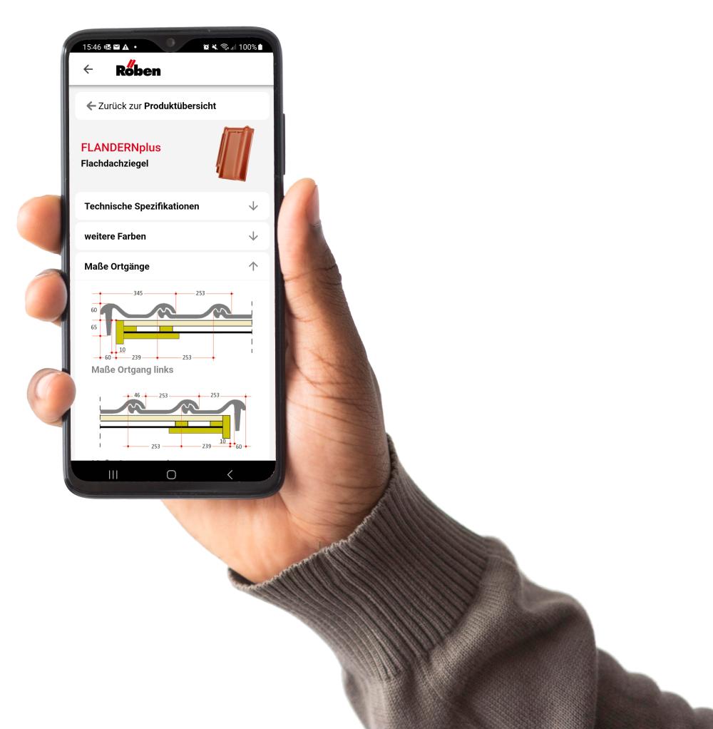 Smartphone in Hand mit technischer Produktgrafik auf dem Bildschirm.