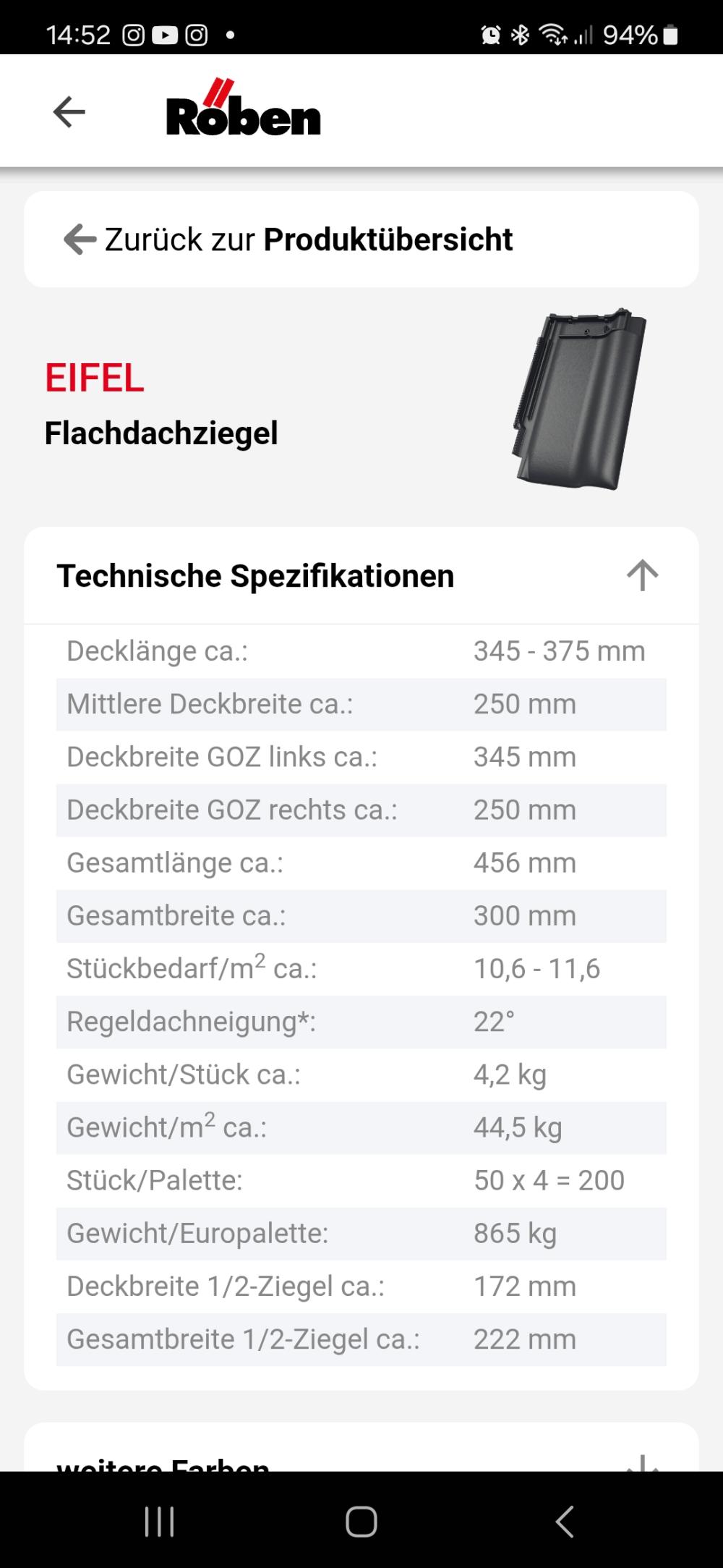Flachdachziegel Produktdetails mit technischen Spezifikationen.