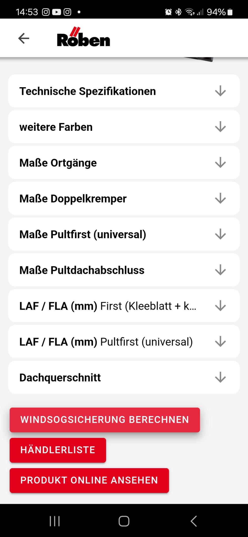 Technische Spezifikationen und Optionen in einer App angezeigt.