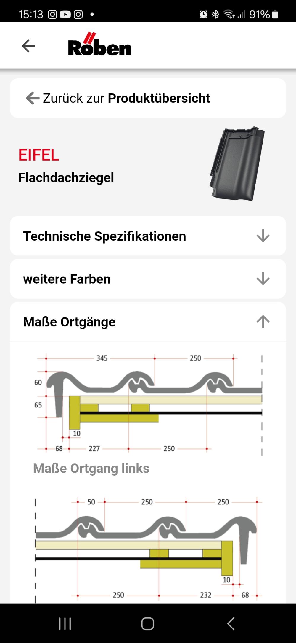 Röben-Logo, Smartphone-Display mit Dachziegel-Spezifikationen und grafischer Illustration.