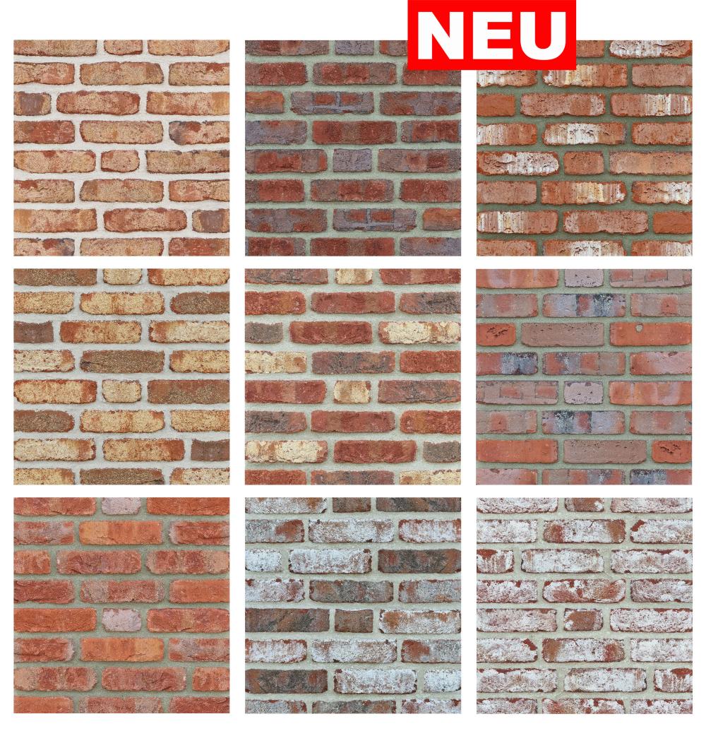 Neun Muster von Ziegelwandverkleidungen in verschiedenen Farben.