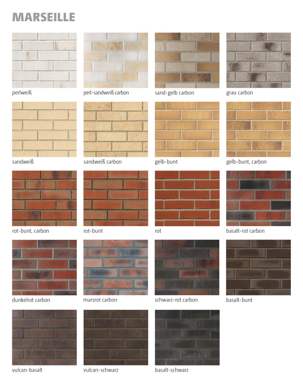 Ziegelmuster in verschiedenen Farben und Texturen, von weiß bis dunkelbraun.