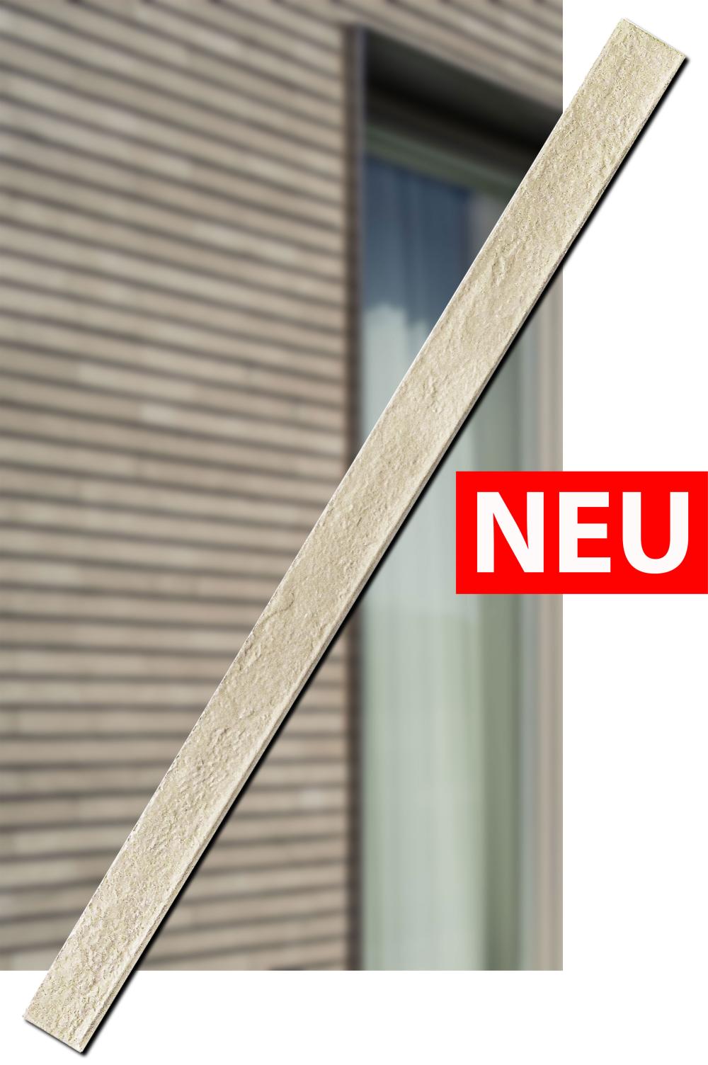 L-Max Riemchen vor Gebäude, rotes "NEU"-Schild.