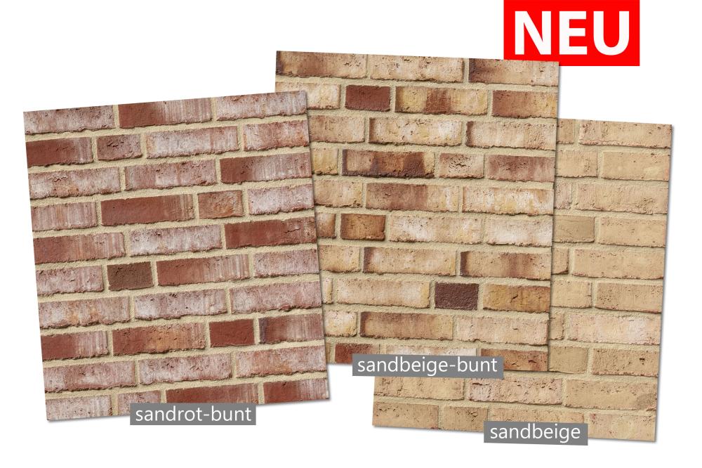 Drei Ziegelmuster: sandrot-bunt, sandbeige-bunt, sandbeige. Text "NEU" in Rot.