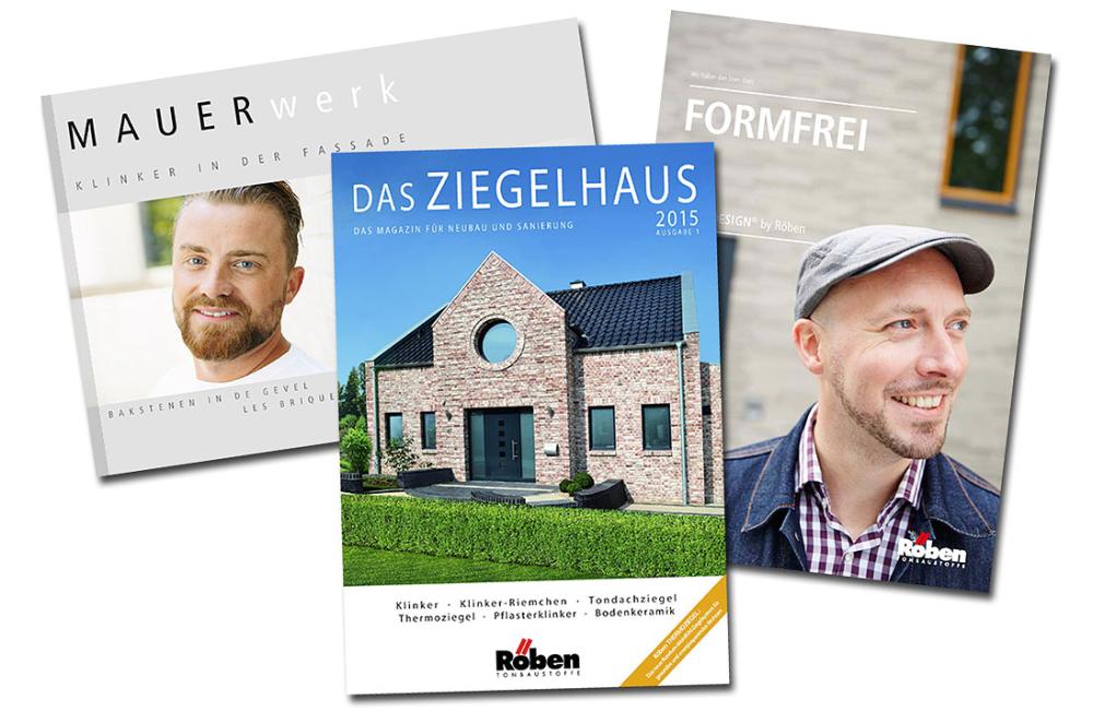 Zeitschriften-Cover mit Ziegelhaus und Porträts von lächelnden Männern.