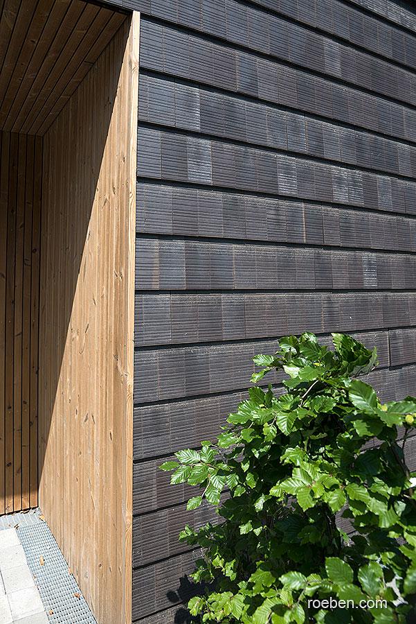 Moderne Holzfassade mit grünem Strauch im Vordergrund.