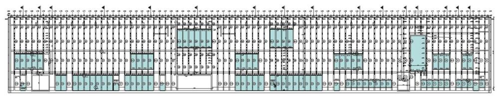 Architektonische Zeichnung eines großen Gebäudes mit zahlreichen Fenstern.