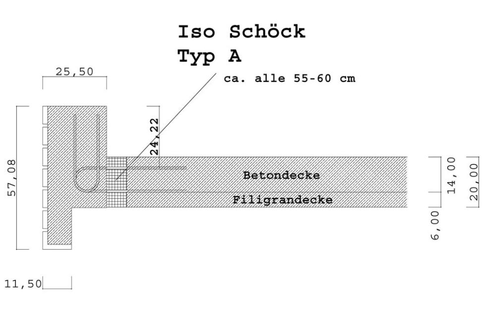 Maßzeichnung von Iso Schöck Typ A mit Beton- und Filigrandecke.