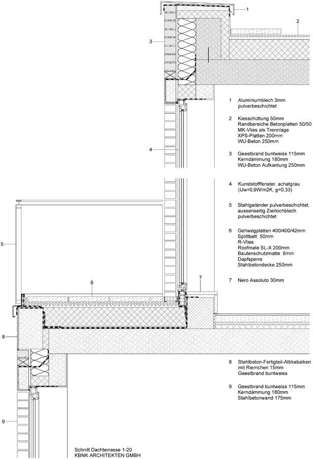 Querschnittszeichnung eines Bauplans mit Wand- und Deckendetails.
