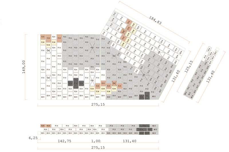 Grafik eines farbkodierten Tischplans mit Abmessungen.